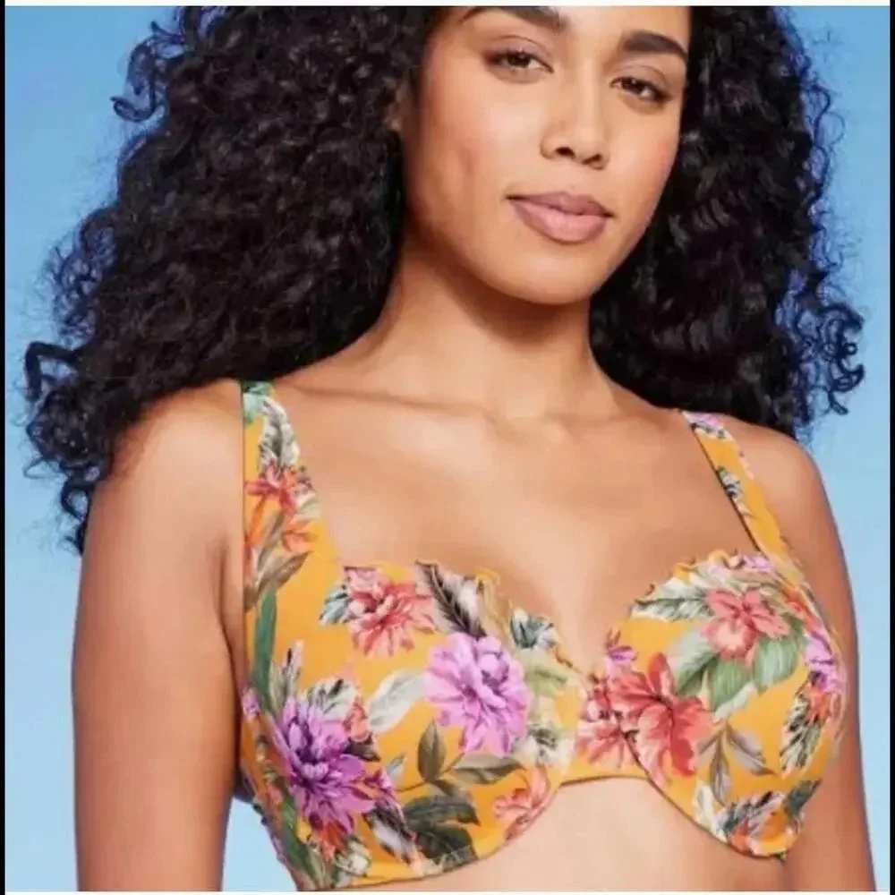 NWT Shade & Shore Women's Ruffle Underwire Bikini Top 36B Orange Green Floral